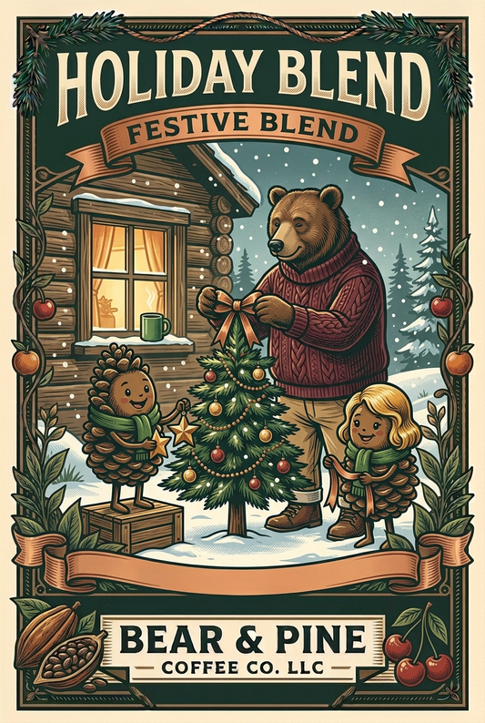 Bear & Pine Holiday Blend artwork featuring a bear, original pinecone Buddy and one blonde-haired pinecone lady decorating a Christmas tree outside a snowy cabin.