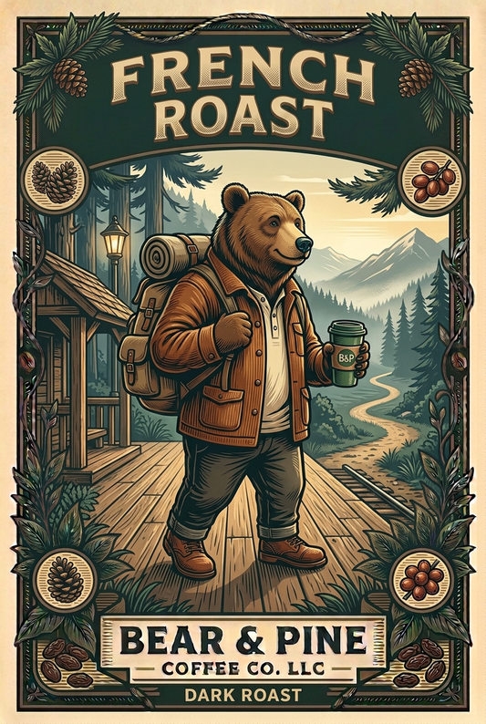 Bear carrying a backpack and coffee at a woodland railway platform, with Bear & Pine French Roast and Dark Roast lettering.