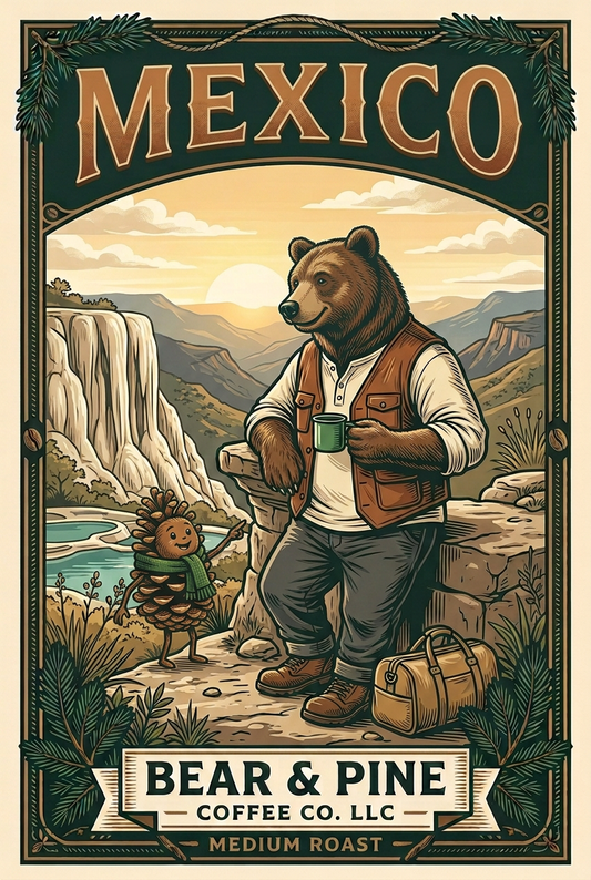 Bear & Pine Mexico medium roast coffee artwork featuring a bear and his pinecone friend overlooking mineral waterfalls and mountain valleys.