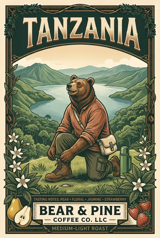 Bear & Pine Tanzania medium-light roast coffee artwork featuring a bear tying a hiking boot at a crater-lake overlook, framed by pear, jasmine flowers and strawberry tasting-note illustrations.