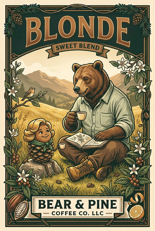 Bear & Pine Blonde Sweet Blend artwork with a bear and a blonde-haired pinecone lady sharing espresso in a sunny meadow.