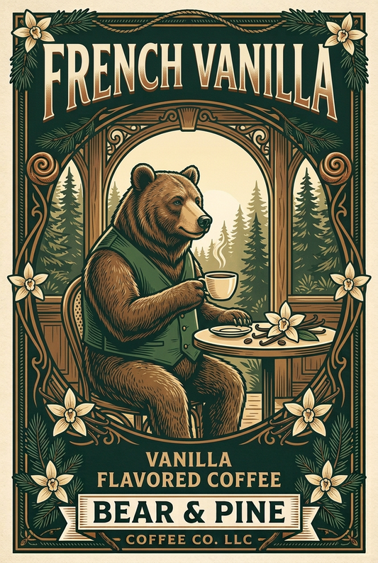 Bear & Pine French Vanilla artwork featuring a bear with coffee at a woodland cafe table, framed by vanilla flowers and pine branches.