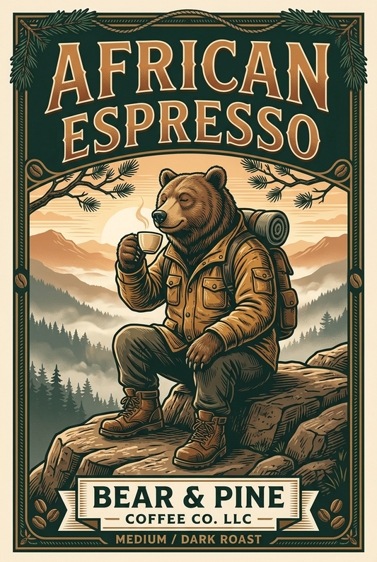 Bear & Pine African Espresso coffee artwork featuring a bear in an ochre hiking jacket enjoying espresso at a mountain overlook at sunrise.