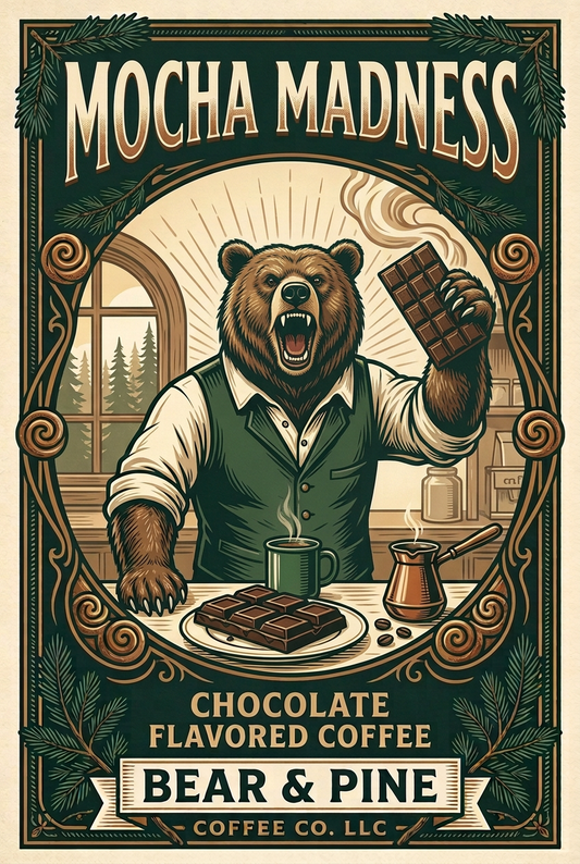 Bear & Pine Mocha Madness artwork featuring a roaring bear raising a chocolate bar, with coffee on the counter.