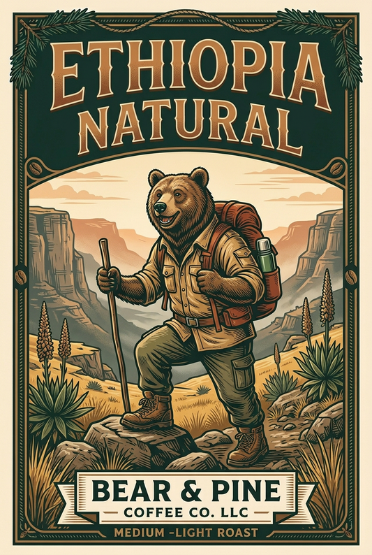 Bear & Pine Ethiopia Natural medium-light roast artwork featuring a bear trekking through dramatic Ethiopian highlands with a rust-red backpack and walking staff.