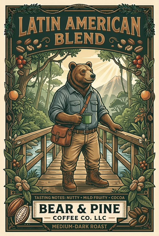 Bear & Pine Latin American Blend medium-dark roast artwork featuring a bear on a rainforest footbridge, with nutty, mild fruity and cocoa tasting-note illustrations.