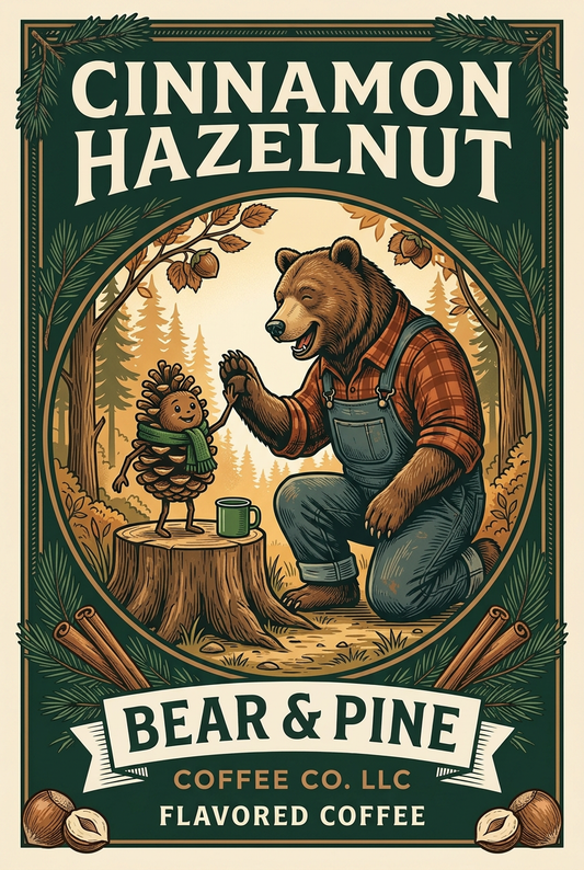 Bear & Pine Cinnamon Hazelnut coffee artwork with a bear in rust plaid flannel and denim overalls high-fiving a smiling pinecone friend in an autumn woodland.