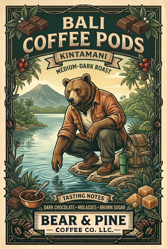 Bear exploring a Kintamani lakeshore, with dark chocolate, molasses and brown sugar tasting-note illustrations and Bear & Pine Bali Coffee Pods branding.