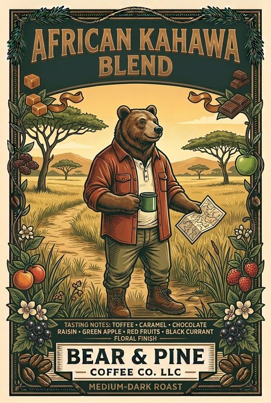 Bear & Pine African Kahawa Blend medium-dark roast artwork featuring a bear with coffee and a field map in golden grasslands, surrounded by illustrated tasting notes.