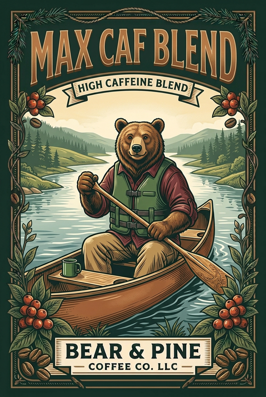 Bear & Pine Max Caf Blend high caffeine blend artwork featuring a bear in a green life vest paddling a canoe on a peaceful forest river, framed by coffee beans and cherries.
