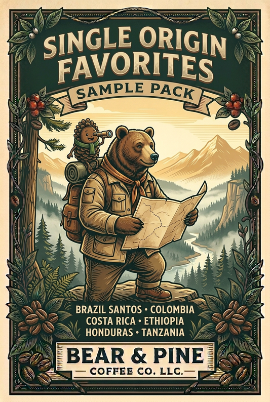 Bear reading a trail map at a mountain lookout while Pine scouts through a telescope from the backpack, with the six Single Origin Favorites coffees named below.