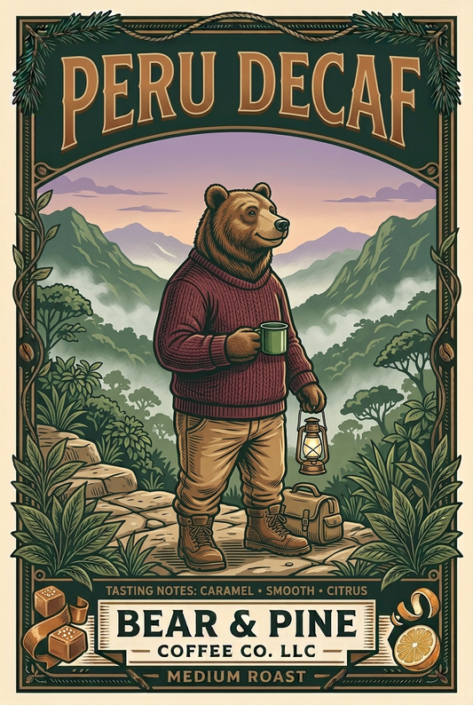 Bear & Pine Peru Decaf medium roast artwork featuring a bear in a burgundy sweater carrying coffee and a lantern at an Andean twilight overlook, with caramel and citrus tasting-note illustrations.