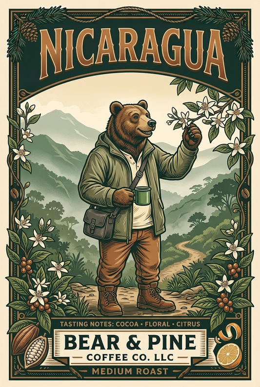 Bear & Pine Nicaragua medium roast coffee artwork featuring a bear in a mountain landscape with cocoa, floral and citrus tasting-note illustrations.