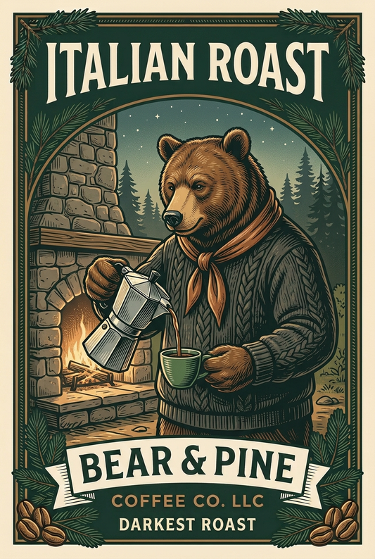 Bear & Pine Italian Roast artwork featuring a bear in a charcoal knit sweater and copper scarf pouring coffee from a moka pot beside a stone hearth.