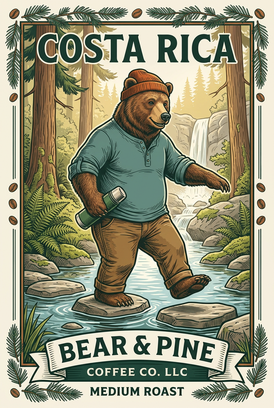 Bear & Pine Costa Rica medium roast coffee artwork featuring a bear in a teal henley and rust-orange beanie crossing a woodland stream with a coffee thermos.