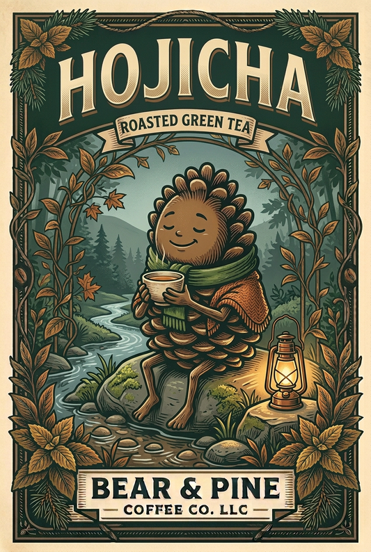 Pine holding a warm tea bowl beside a woodland stream and glowing lantern, with Bear & Pine Hojicha Roasted Green Tea lettering.