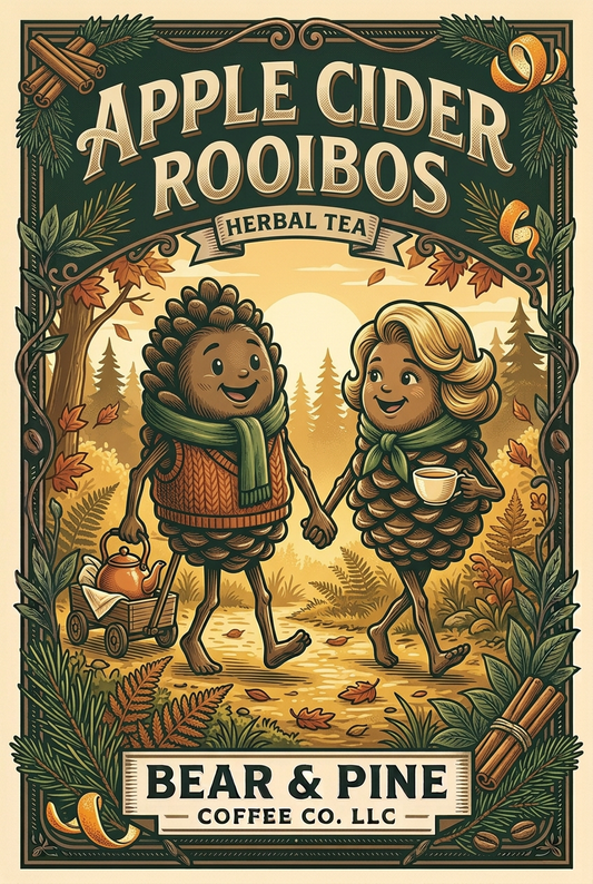 Pine and Lady Pine Cone walking hand in hand with a tea wagon behind them, in vintage Bear & Pine Apple Cider Rooibos artwork.