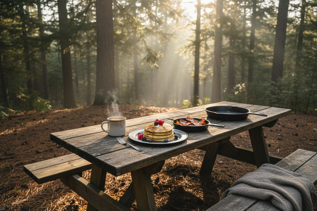 Morning Camp Breakfast: Cold Brew Pancakes & Coffee-Rubbed Bacon. You're Welcome.