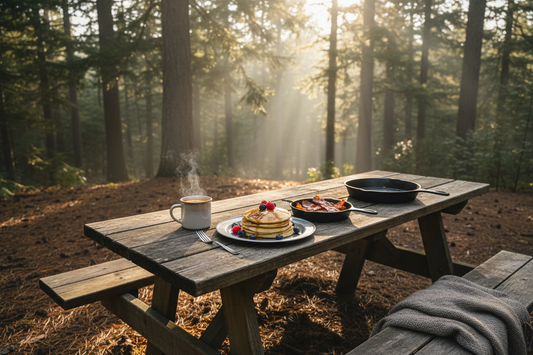 Morning Camp Breakfast: Cold Brew Pancakes & Coffee-Rubbed Bacon. You're Welcome.