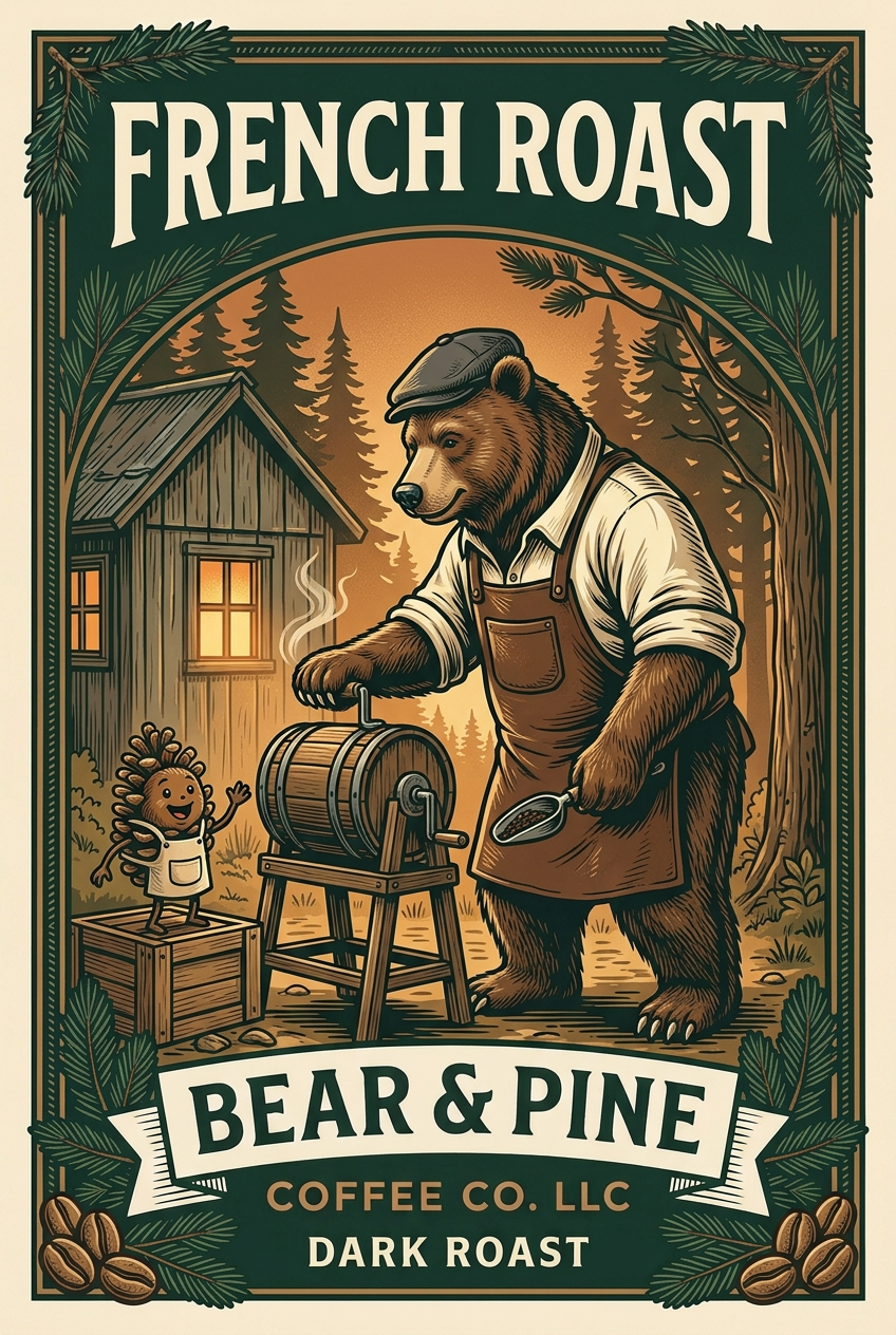 Bear & Pine French Roast dark roast artwork featuring a bear in a leather apron and flat cap beside a vintage coffee roaster, with a small pinecone friend.