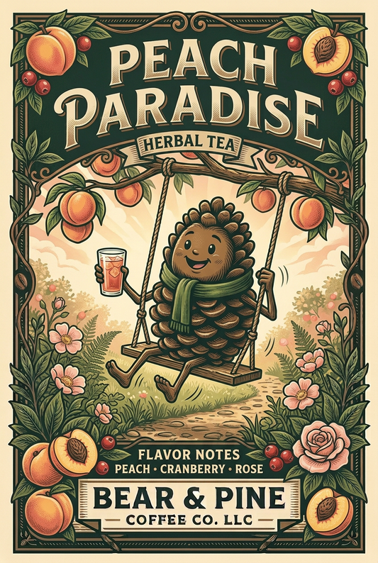 Pine enjoying iced tea on a peach-tree swing, framed by peach, cranberry and rose flavor notes with Bear & Pine Peach Paradise branding.