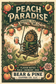 Pine enjoying iced tea on a peach-tree swing, framed by peach, cranberry and rose flavor notes with Bear & Pine Peach Paradise branding.