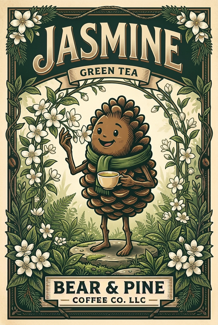Pine holding a teacup and admiring white jasmine blossoms in a garden, with Bear & Pine Jasmine Green Tea lettering.