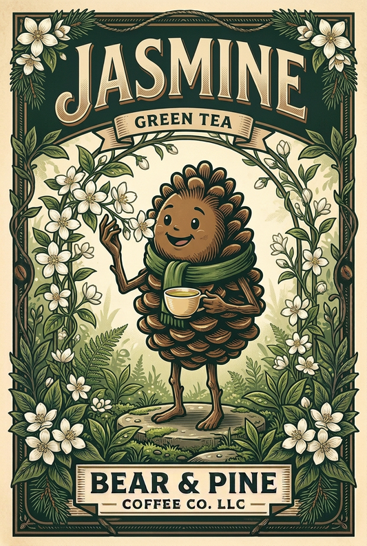 Pine holding a teacup and admiring white jasmine blossoms in a garden, with Bear & Pine Jasmine Green Tea lettering.