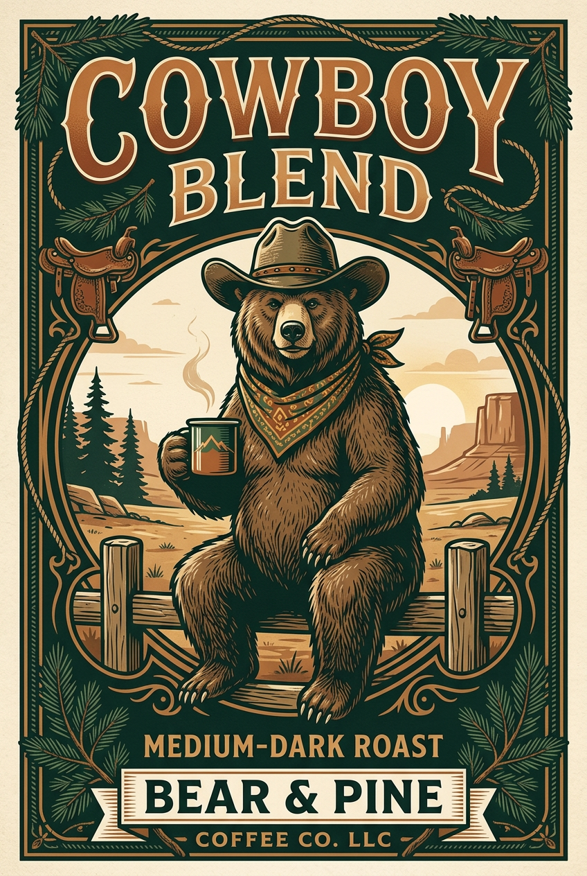 Bear & Pine Cowboy Blend artwork featuring a bear cowboy holding coffee.