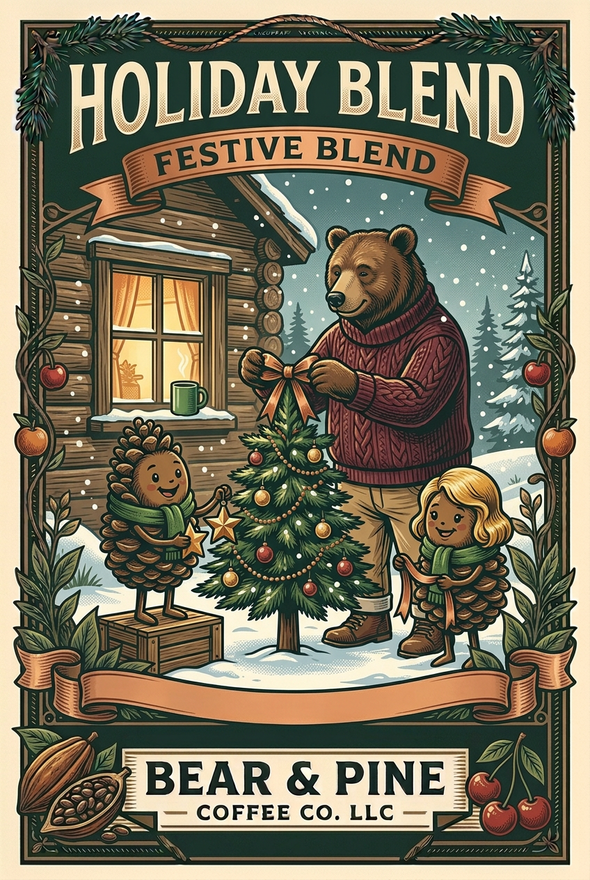 Bear & Pine Holiday Blend artwork featuring a bear, original pinecone Buddy and one blonde-haired pinecone lady decorating a Christmas tree outside a snowy cabin.