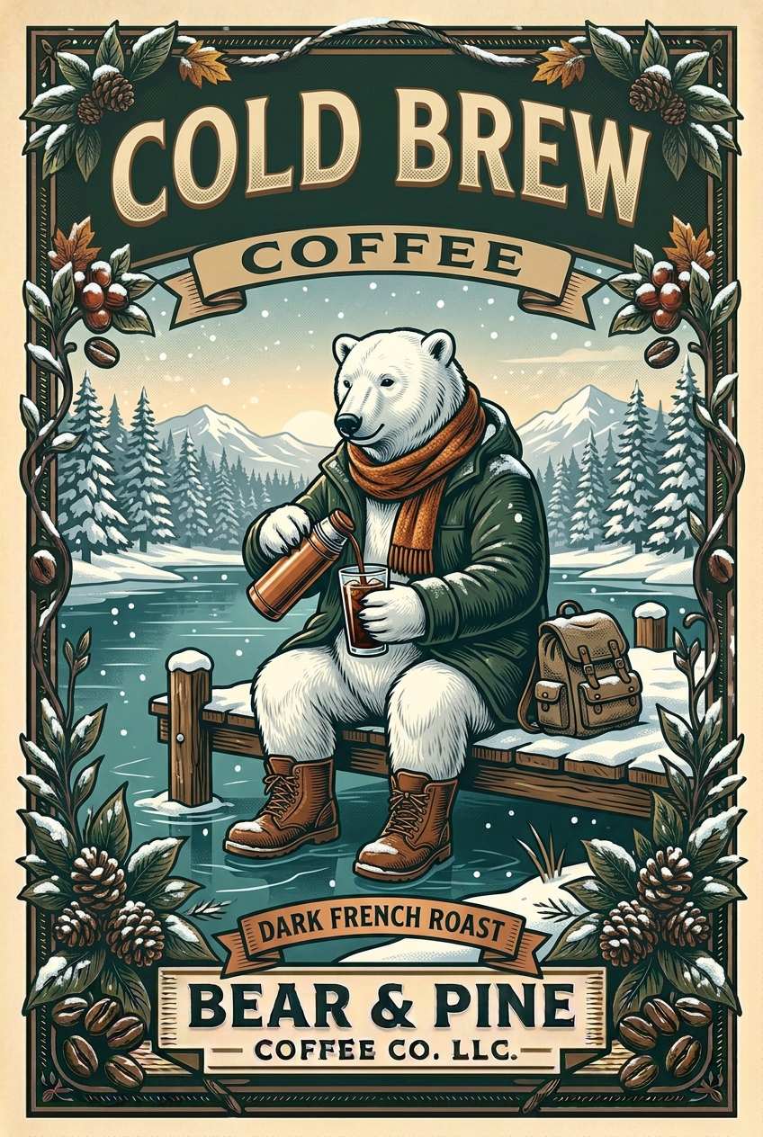 White polar bear pouring cold brew from a copper thermos on a snowy lakeside dock, with Bear & Pine Coffee Co. LLC and Dark French Roast lettering.