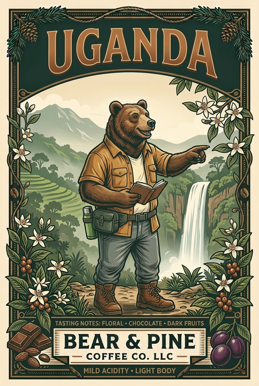 Bear & Pine Uganda coffee artwork featuring a bear exploring a waterfall highland trail, framed by floral, chocolate and dark-fruit tasting-note illustrations, with mild acidity and light body text.