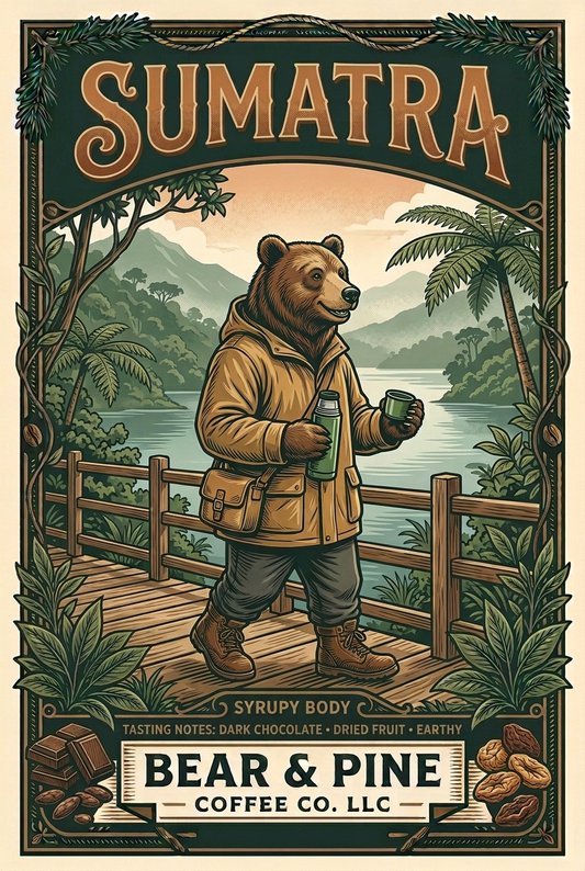 Bear & Pine Sumatra artwork featuring a bear with a coffee thermos on a misty lakeside boardwalk, with dark chocolate, dried fruit and earthy tasting notes and syrupy body.