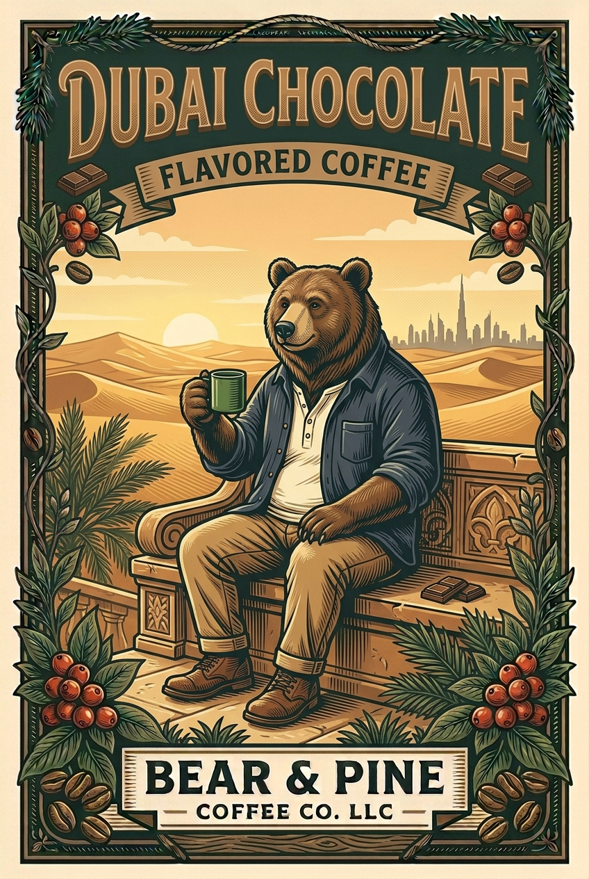 Bear & Pine Dubai Chocolate flavored coffee artwork featuring a bear enjoying coffee on a stone terrace overlooking golden desert dunes and a distant skyline.