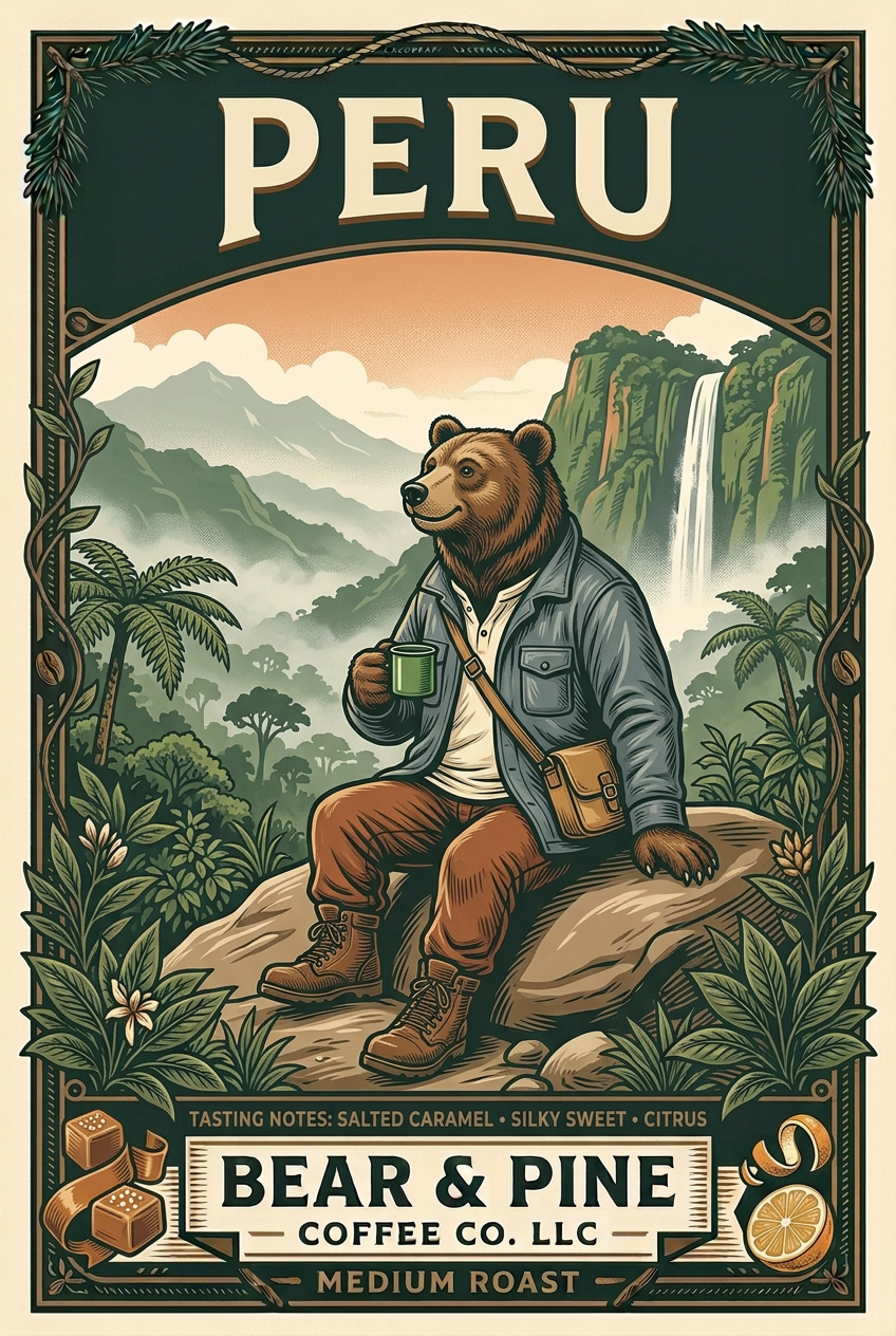 Bear & Pine Peru medium roast artwork featuring a bear at a mountain waterfall overlook, framed by salted caramel and citrus illustrations with salted caramel, silky sweet and citrus tasting notes.