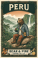 Bear & Pine Peru medium roast artwork featuring a bear at a mountain waterfall overlook, framed by salted caramel and citrus illustrations with salted caramel, silky sweet and citrus tasting notes.