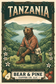 Bear & Pine Tanzania medium-light roast coffee artwork featuring a bear tying a hiking boot at a crater-lake overlook, framed by pear, jasmine flowers and strawberry tasting-note illustrations.