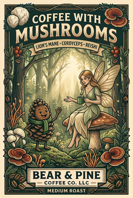 Bear & Pine Coffee with Mushrooms Medium Roast artwork featuring pinecone Buddy greeting a light woodland fairy on a mushroom in a sunlit forest, framed by Lion’s Mane, Cordyceps and Reishi.