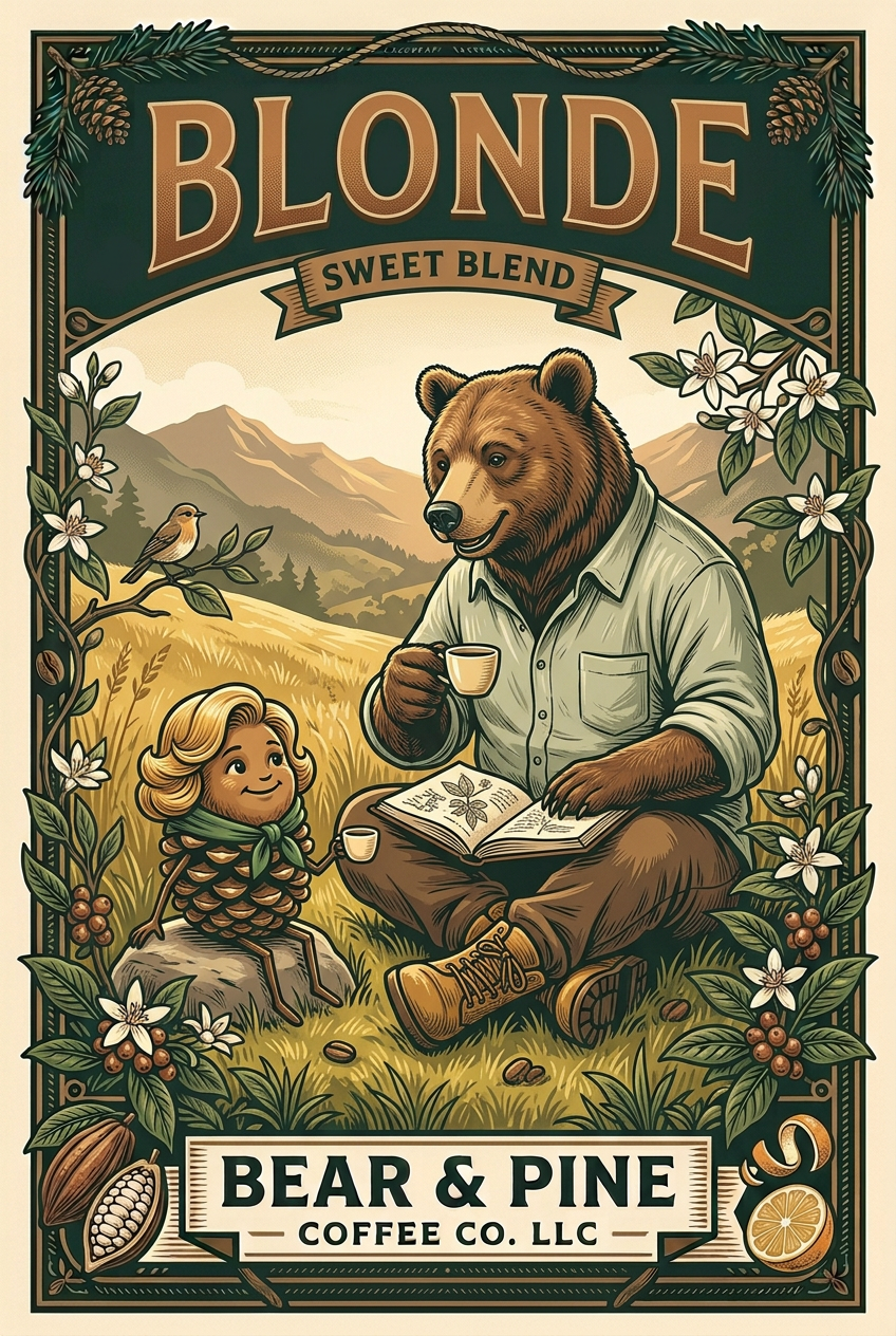 Bear & Pine Blonde Sweet Blend artwork with a bear and a blonde-haired pinecone lady sharing espresso in a sunny meadow.