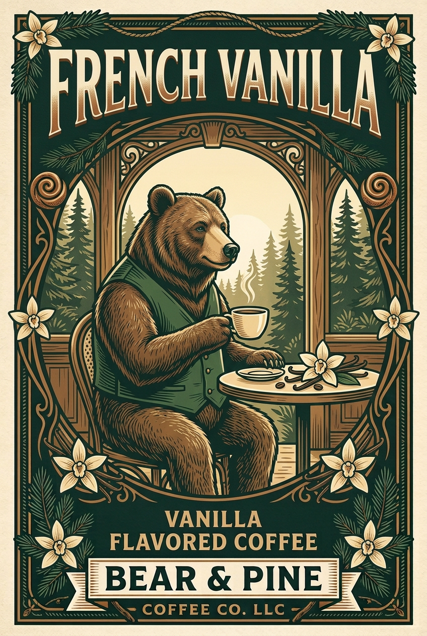 Bear & Pine French Vanilla artwork featuring a bear with coffee at a woodland cafe table, framed by vanilla flowers and pine branches.
