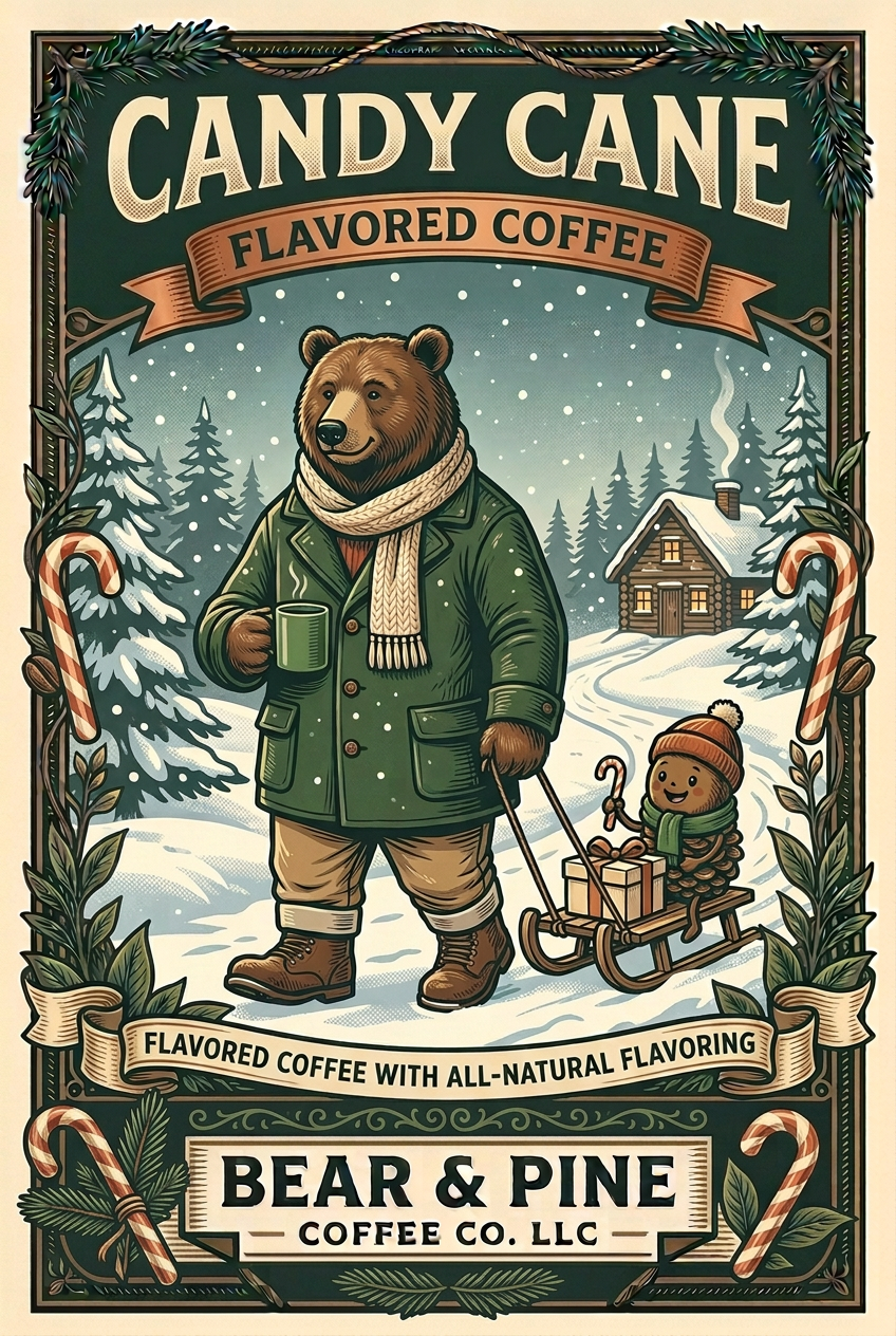 Bear & Pine Candy Cane flavored coffee artwork featuring a bear pulling pinecone Buddy and gifts on a sled through snowy woods.