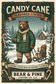 Bear & Pine Candy Cane flavored coffee artwork featuring a bear pulling pinecone Buddy and gifts on a sled through snowy woods.