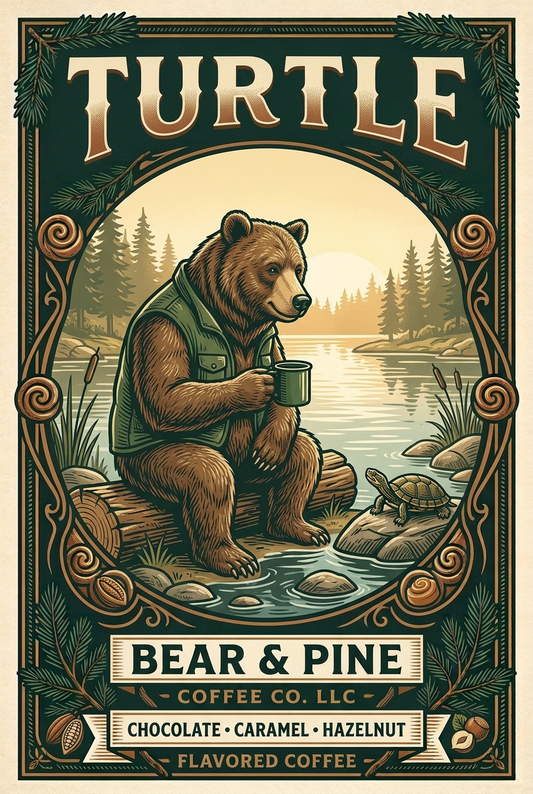 Bear & Pine Turtle coffee artwork featuring a bear holding coffee on a lakeside log beside a turtle on a rock.