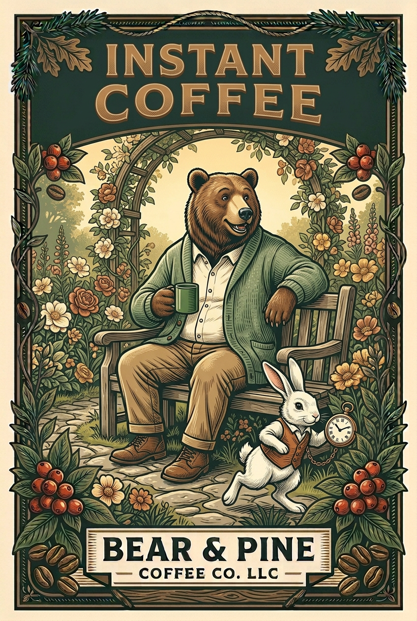 Bear & Pine Instant Coffee artwork featuring a bear relaxing with coffee in a flower garden while a white rabbit carrying a pocket watch runs past.