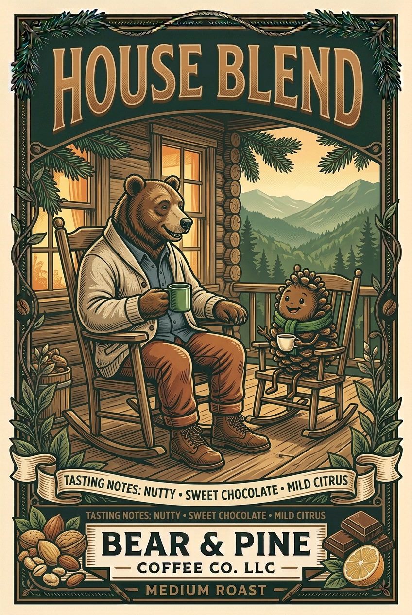 Bear & Pine House Blend medium roast artwork featuring a bear and pinecone Buddy sharing coffee in porch rocking chairs, with nutty, sweet chocolate and mild citrus tasting-note illustrations.