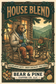 Bear & Pine House Blend medium roast artwork featuring a bear and pinecone Buddy sharing coffee in porch rocking chairs, with nutty, sweet chocolate and mild citrus tasting-note illustrations.