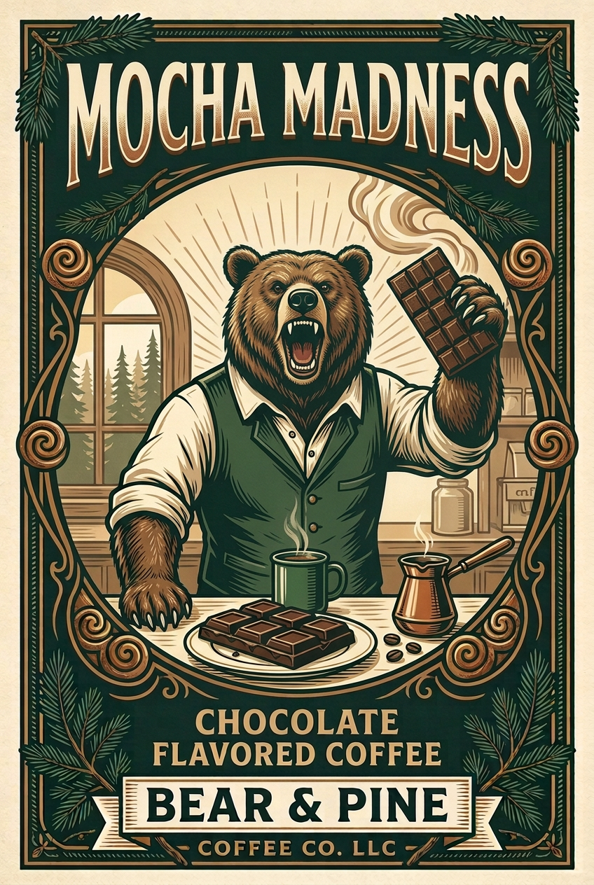 Bear & Pine Mocha Madness artwork featuring a roaring bear raising a chocolate bar, with coffee on the counter.