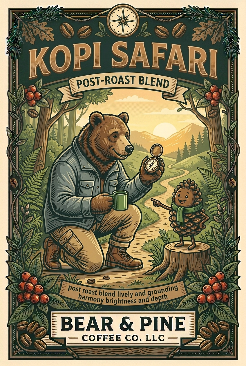 Bear & Pine Kopi Safari post-roast blend artwork featuring a bear checking a compass while pinecone Buddy points along a woodland trail.