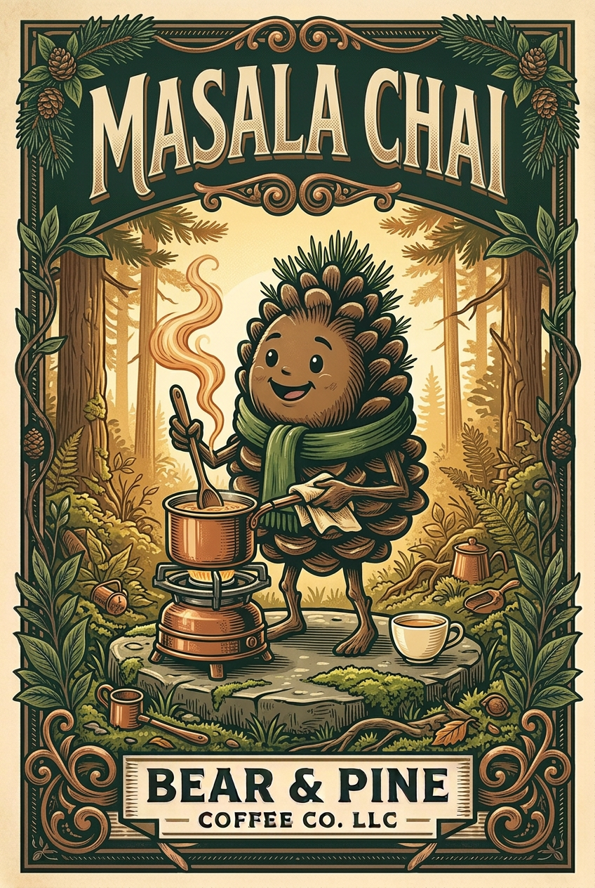 Pine stirring chai in a copper saucepan over a small woodland stove, framed by pine foliage and Bear & Pine Masala Chai lettering.