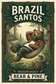 Bear & Pine Brazil Santos medium roast coffee artwork featuring a smiling bear relaxing in a woodland hammock in a rust-red camp shirt, with coffee on a nearby stump.